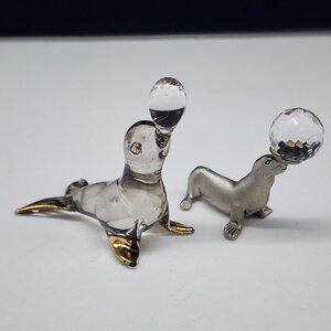 Cuter Pewter Seal Holding Faceted Crystal Ball and Gray Glass Seal VTG